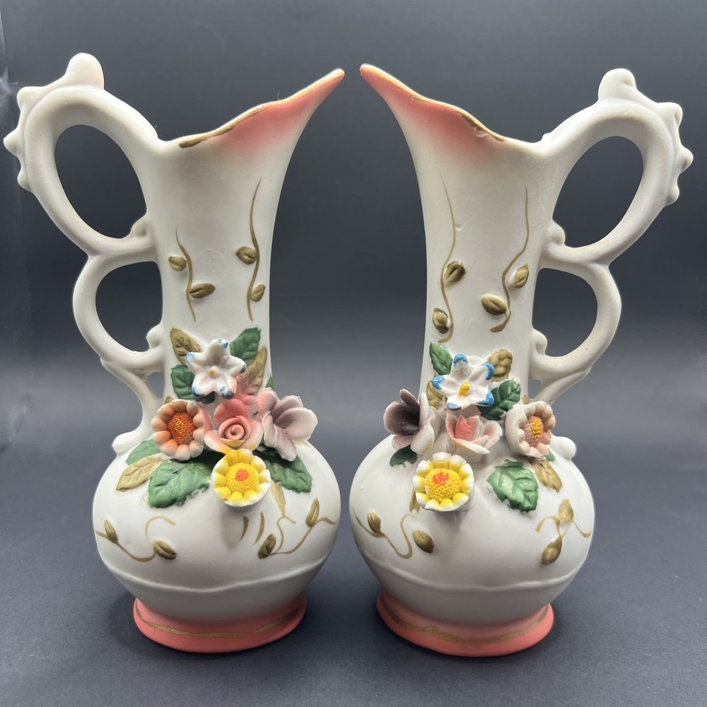 Vintage Interpur White Bisque Porcelain Vase Pitcher Raised 3D Flowers 2 Pc Set